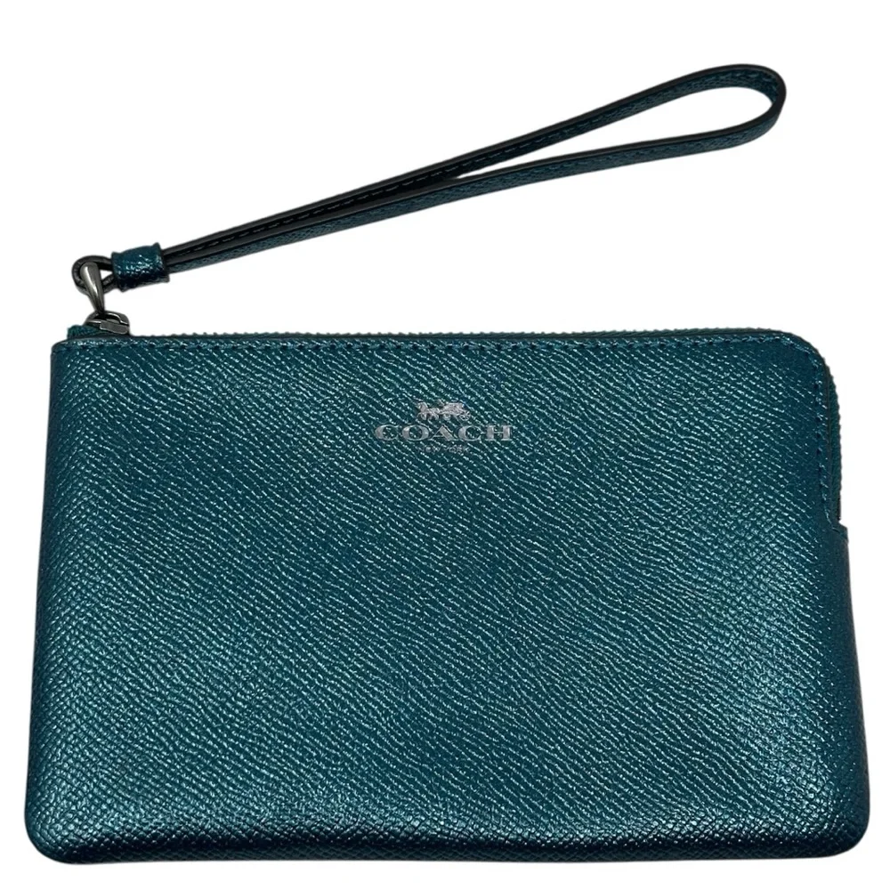 Coach Zip Wallet Wristlet Metallic Dark Teal